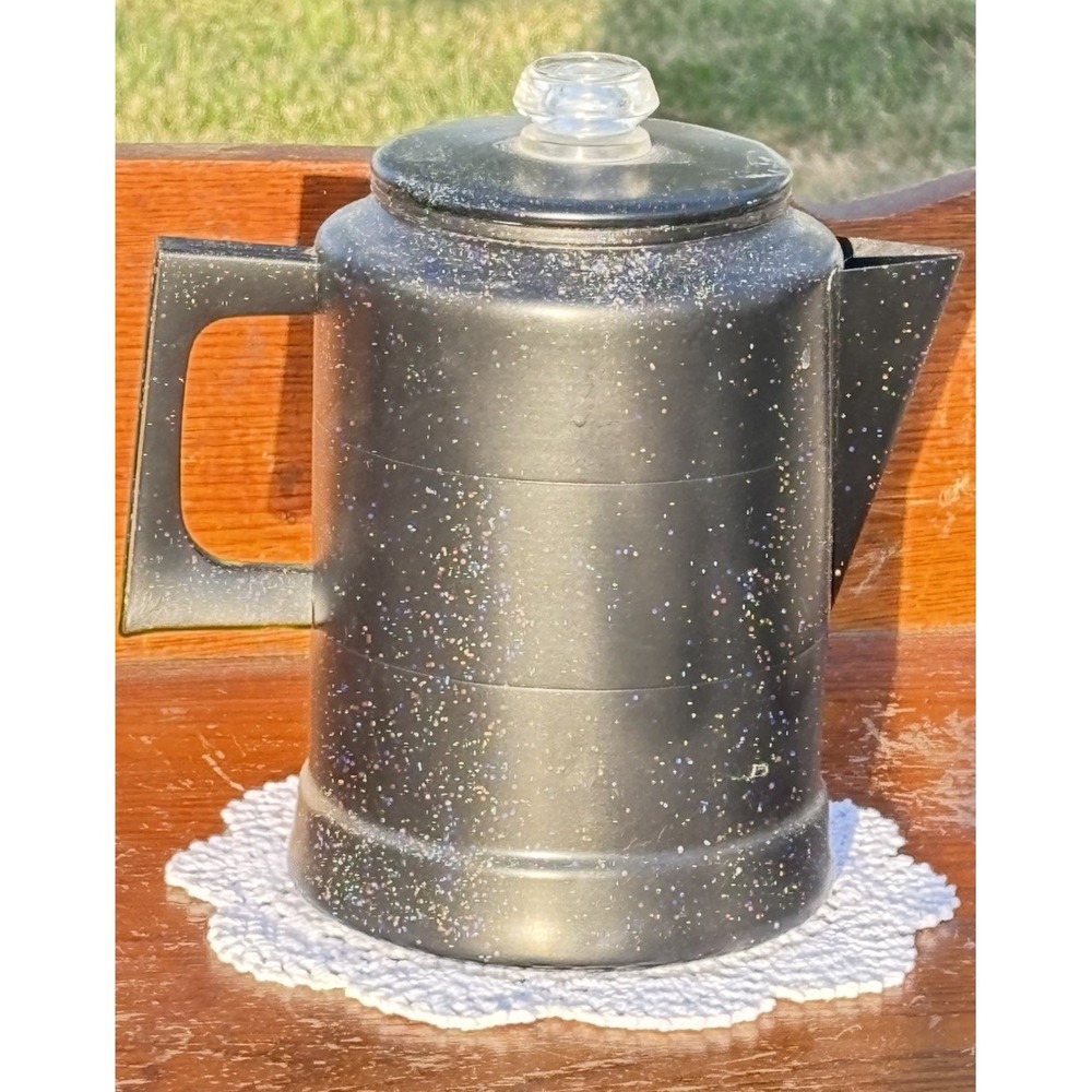 Vtg Light Blue Metal Pyres Coffee Pot Perculator Hand Painted Winter Home Scene - Picture 4 of 5